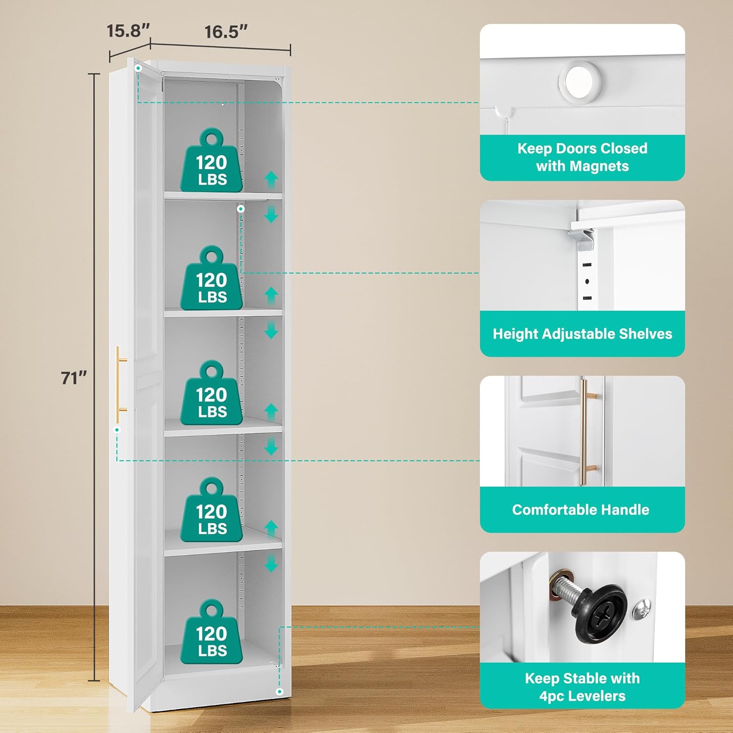 SISESOL 71' Tall Narrow Storage Cabinet with 1 Door and 5 Shelves,Slim Kitchen Pantry Cabinet,White Metal Bathroom Cabinets,Large Cupboard for Home,Kitchen,Laundry,Bathroom