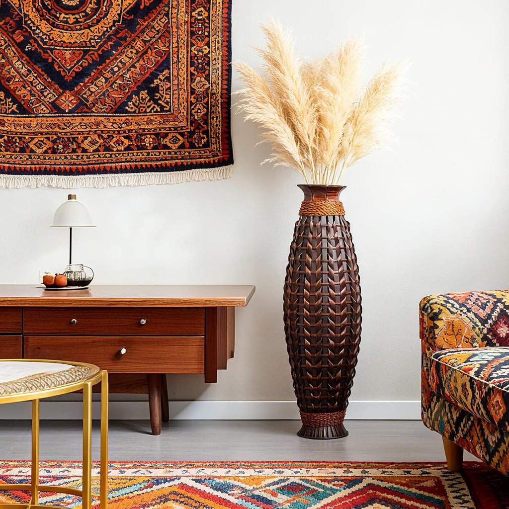 39-Inch Large Handwoven Rattan Floor Vase, Bamboo Weave Tall Vase for Dried Flowers, Boho Chic Home Decor for Living Room, Bedroom, Entryway