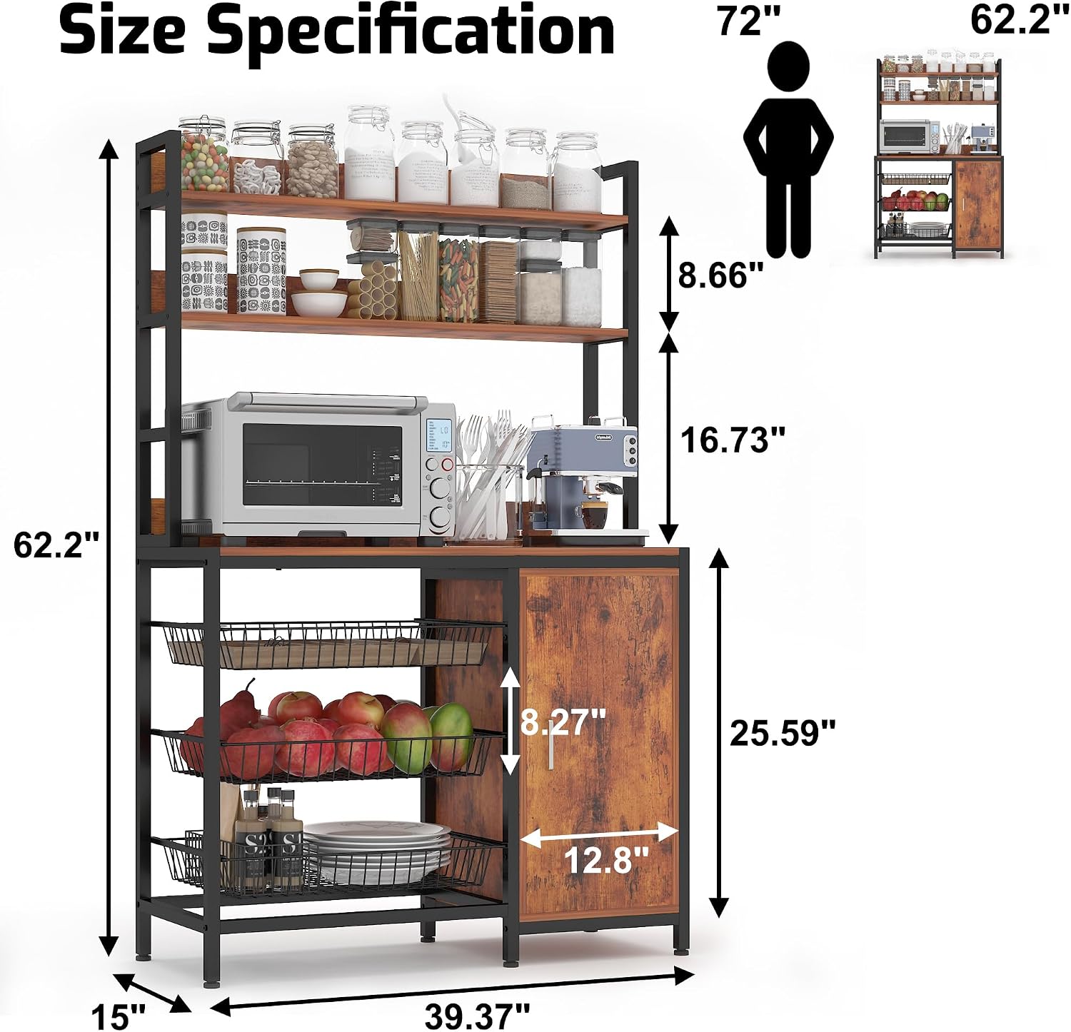 Kitchen Bakers Rack with Baskets and Door Cabinet,5-Tier Free Standing Storage Shelf Rack,Industrial Microwave Oven Stand for Kitchen, Dining Room,Living Room