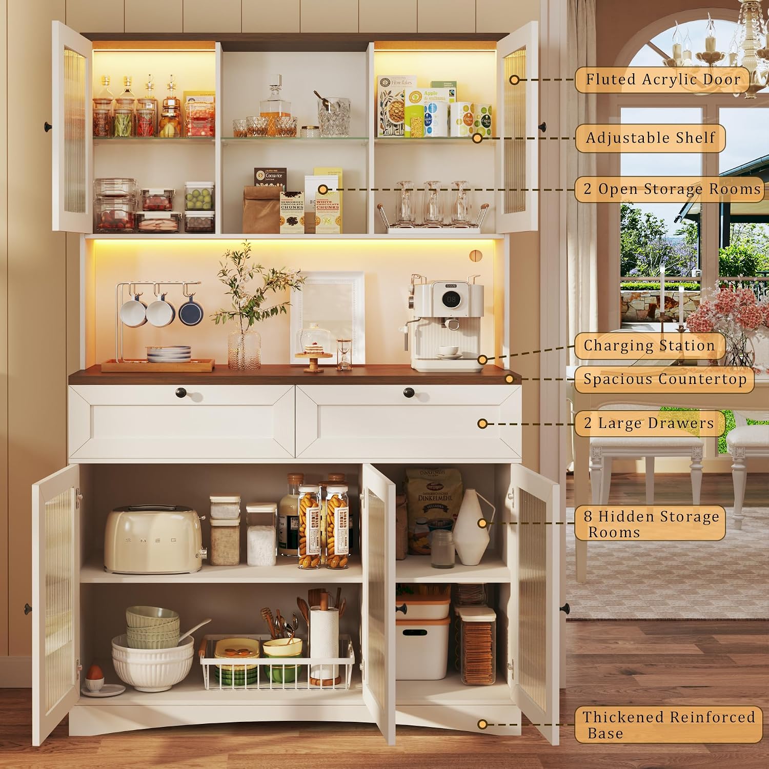 HUAHUU 71' Kitchen Pantry Cabinet with Lights & Acrylic Doors, Pantry Storage Cabinet with Microwave Stand, Kitchen Hutch Food Cabinets with Charging Station, Adjustable Shelves, White