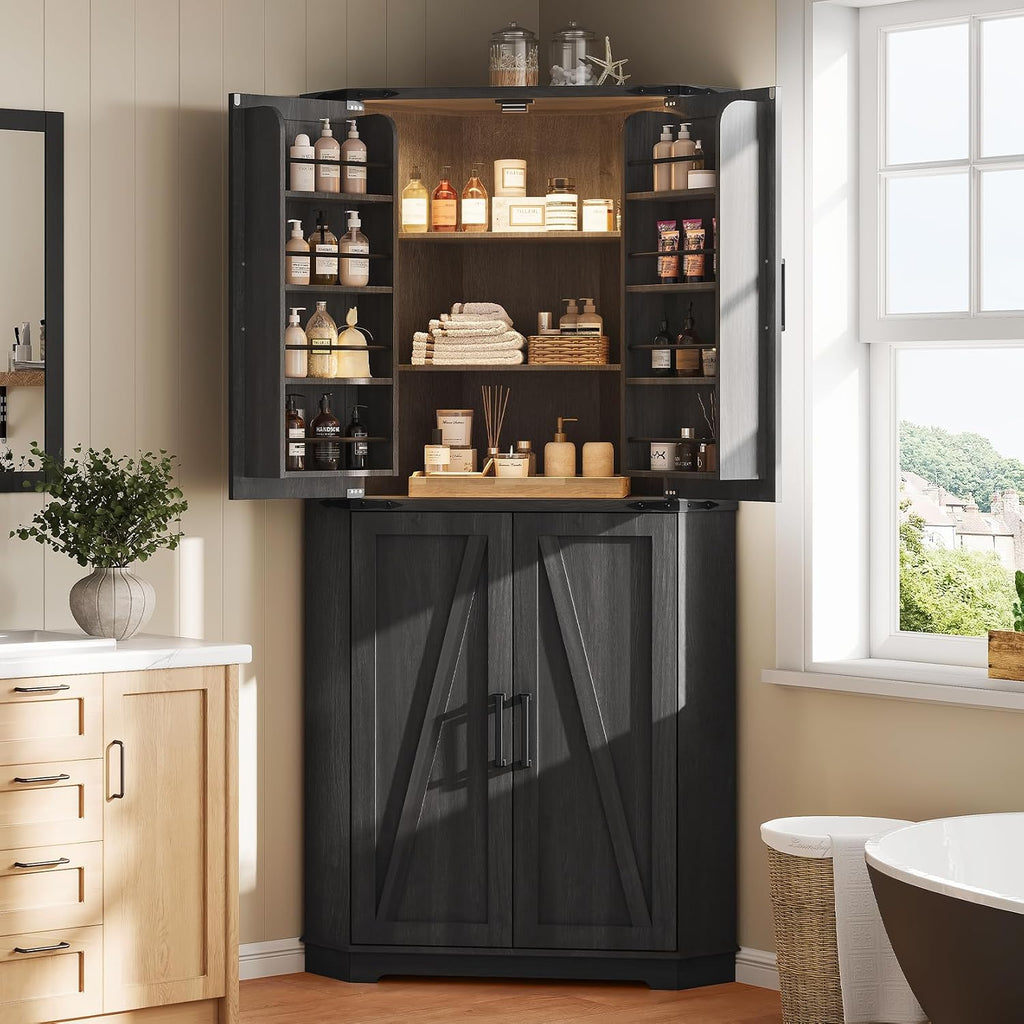 Dripex 71' Corner Cabinet Black, Farmhouse Kitchen Pantry Cabinet with Doors Storage & Adjustable Shelves, Tall Corner Storage Cabinet with LED Light, Food Pantry for Living Room, Dining Room