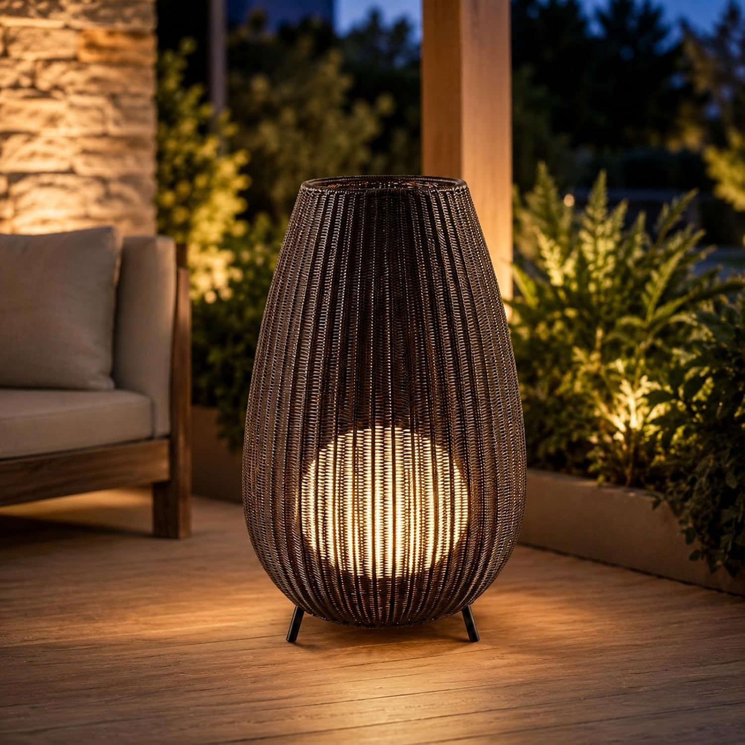 MIXL-Coffee Brown Rattan Floor Lamp,Waterproof Outdoor Patio Lamps with Globe Shade,Wicker Shade Indoor & Outdoor Floor Lamp for Garden Lawn and Living Room