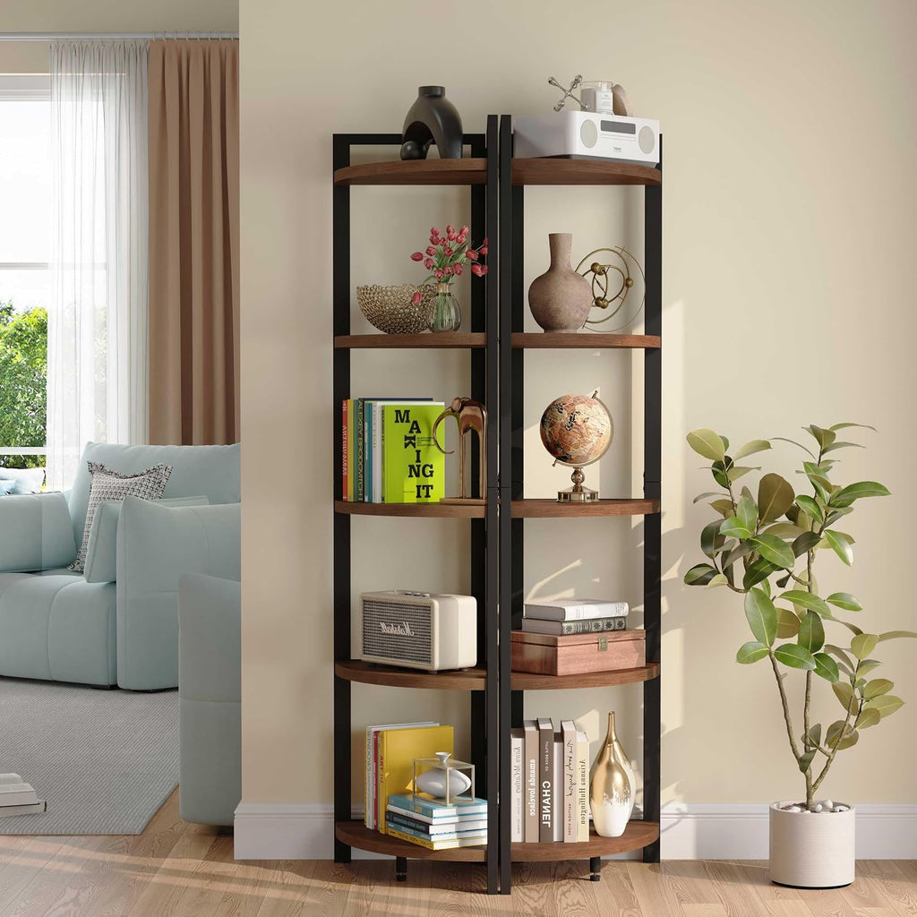 FATORRI Tall Corner Shelf, Industrial Corner Bookshelf, Wood and Metal Corner Shelf Stand for Living Room, Rustic Display Plant Stand for Home Office (Medium Walnut)