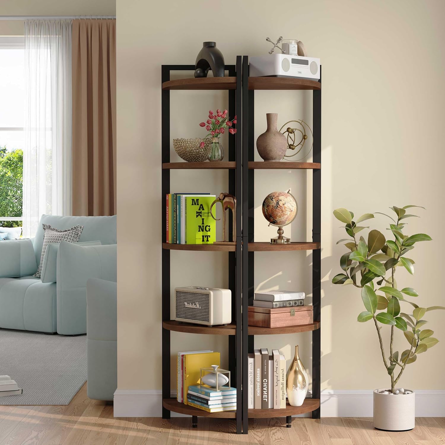 FATORRI Tall Corner Shelf, Industrial Corner Bookshelf, Wood and Metal Corner Shelf Stand for Living Room, Rustic Display Plant Stand for Home Office (Medium Walnut)