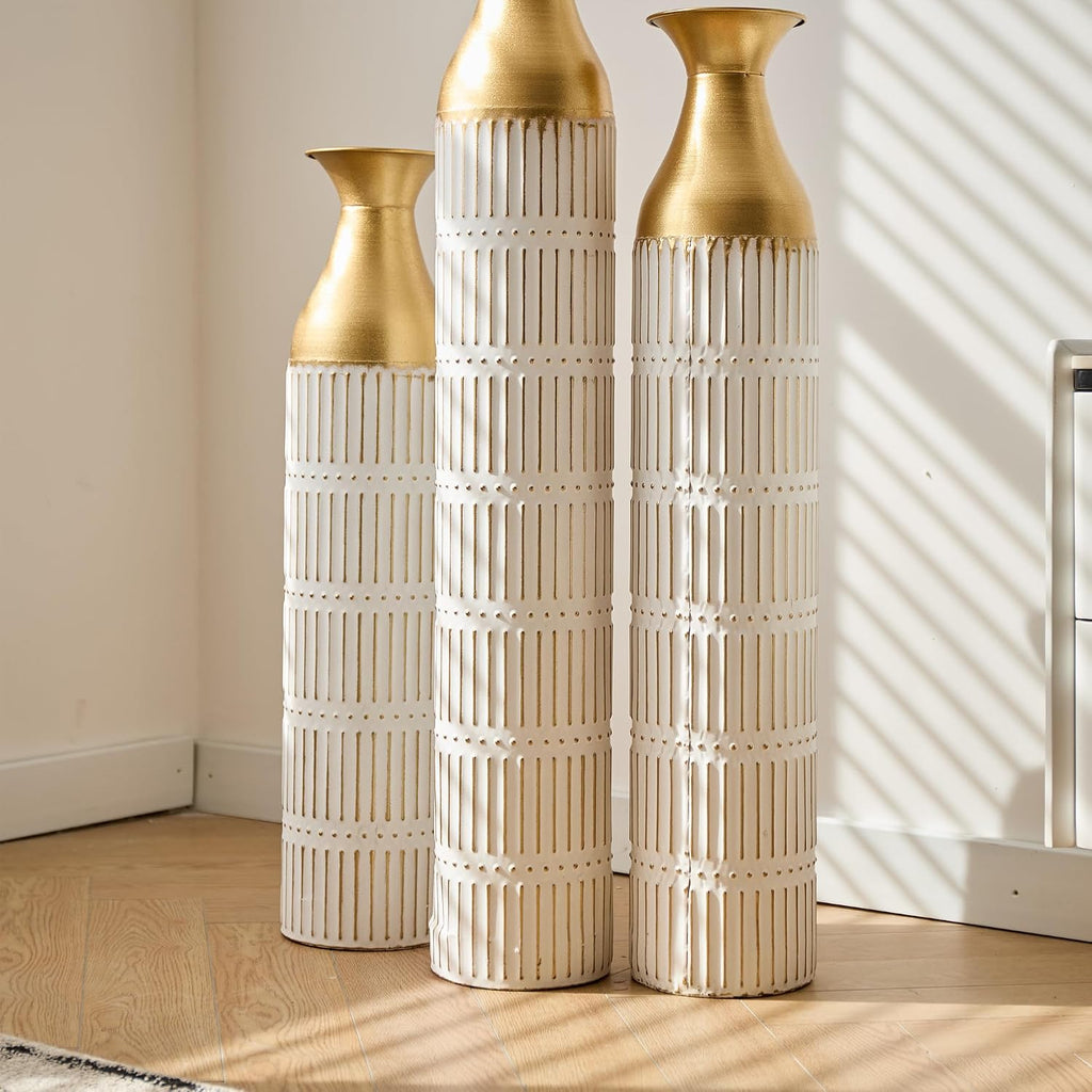 Floor Vases Decorative Tall - 24/28.7/33.5in Glazed Metal Extra Large Decorative Vase Set of 3, White Tall Floor Vase for Home Decor, Living Room Entryway Decor Dining Bedroom Home Corner Office
