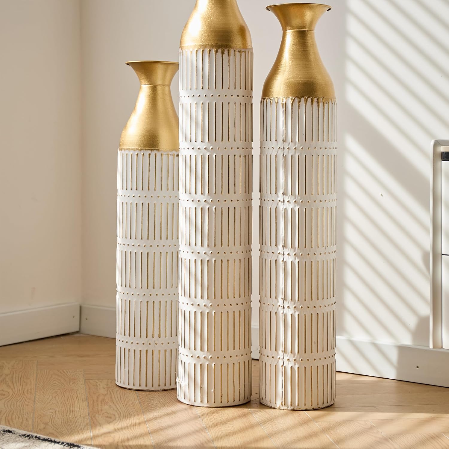 Floor Vases Decorative Tall - 24/28.7/33.5in Glazed Metal Extra Large Decorative Vase Set of 3, White Tall Floor Vase for Home Decor, Living Room Entryway Decor Dining Bedroom Home Corner Office