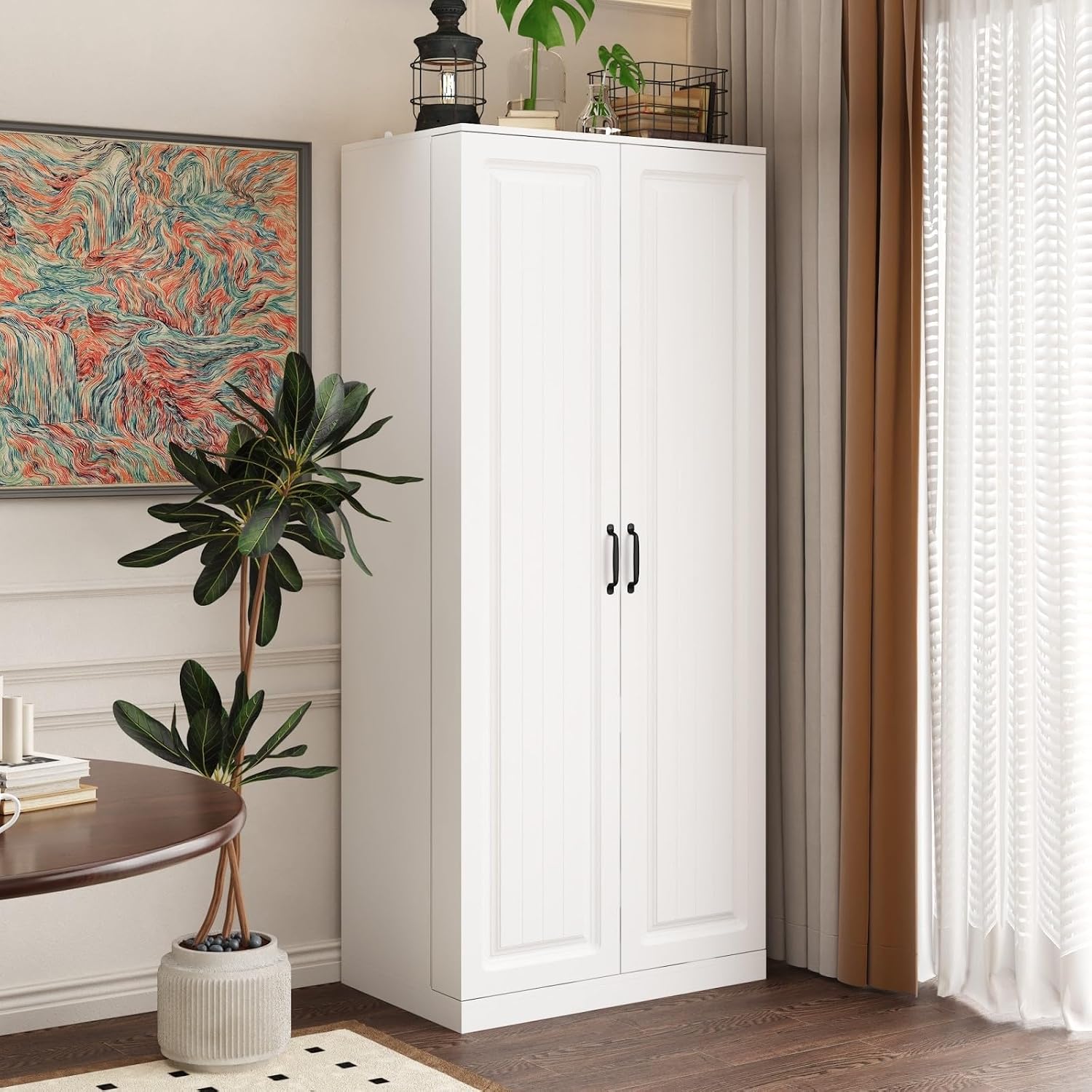 MOUMON Kitchen Pantry Storage Cabinet with Doors and Shelves, Rotating Racks, Tall Pantry Cabinet Cupboard with Door Racks, White, 19.7'D x 31.5'W x 72.2'H