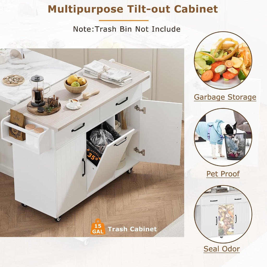 Rolling Kitchen Island Carton Wheels with Trash Can Storage Cabinet, Drop Leaf, Spice Rack, Towel Rack, Drawer, Adjustable Shelf for Dining Room Kitchens White