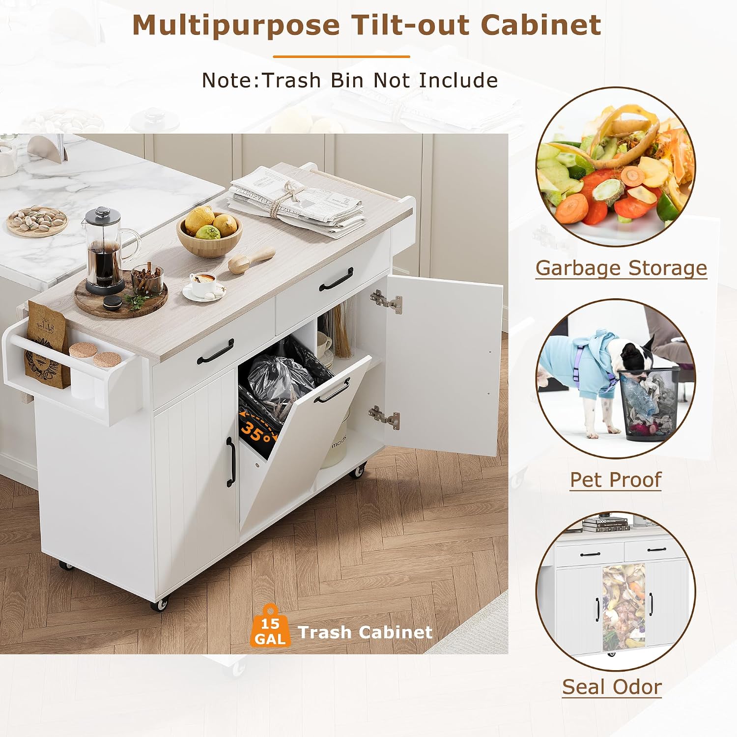 Rolling Kitchen Island Carton Wheels with Trash Can Storage Cabinet, Drop Leaf, Spice Rack, Towel Rack, Drawer, Adjustable Shelf for Dining Room Kitchens White