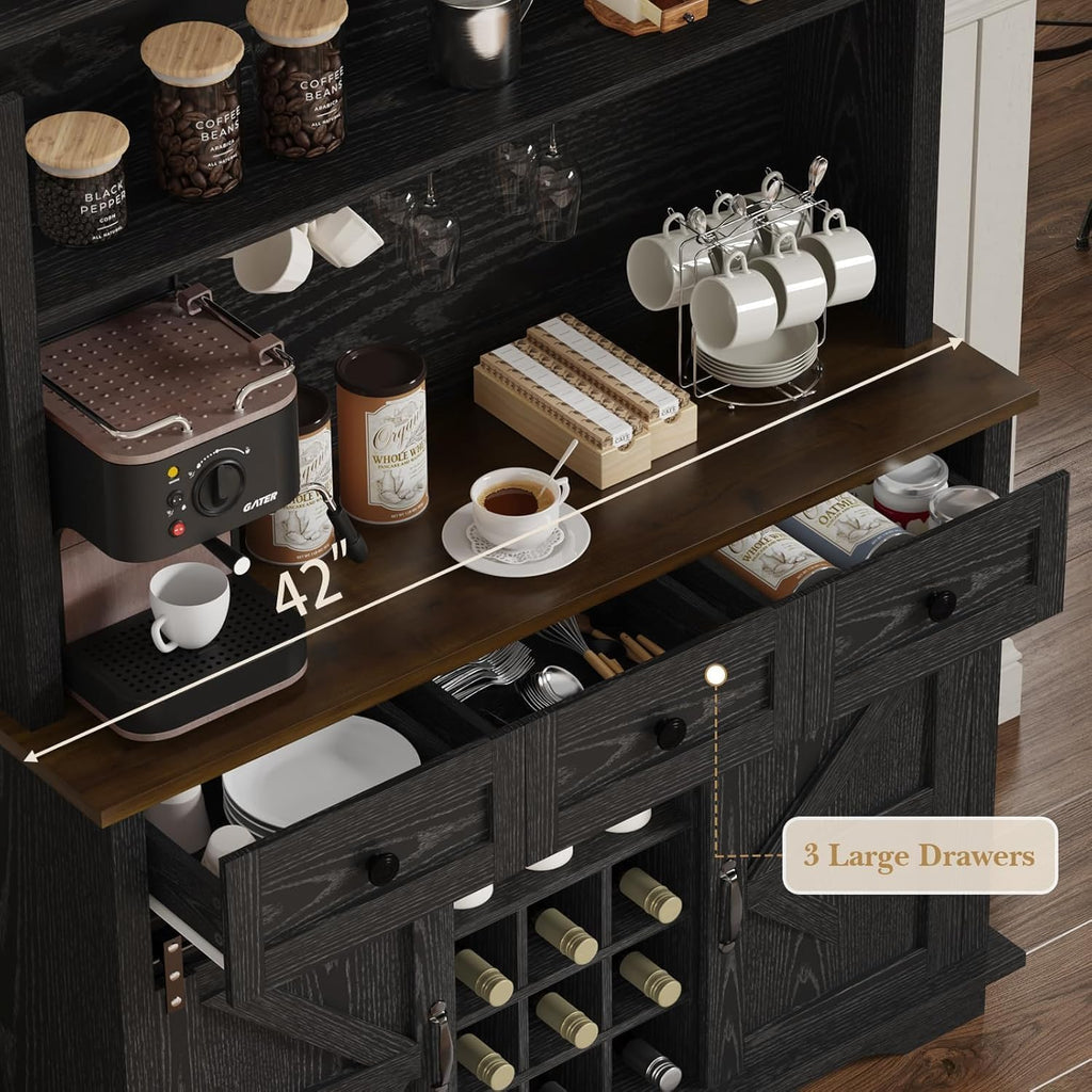 REVOMINCA 63 Inch Tall Coffee Bar Cabinet with 3-Tier, Kitchen Hutch with 3 Large Drawers, Farmhouse Coffee Bar with 9 Wine Racks & 3 Glass Holders, Wine Storage Cabinet for Living Dining Room, Black