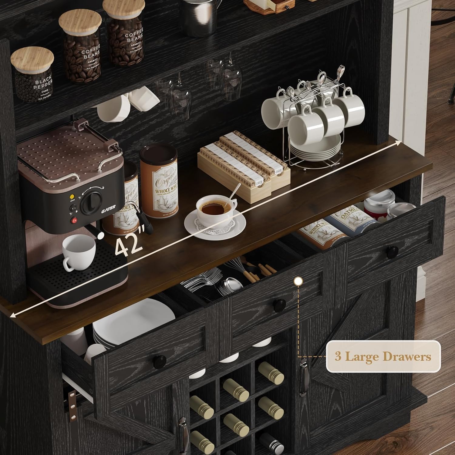 REVOMINCA 63 Inch Tall Coffee Bar Cabinet with 3-Tier, Kitchen Hutch with 3 Large Drawers, Farmhouse Coffee Bar with 9 Wine Racks & 3 Glass Holders, Wine Storage Cabinet for Living Dining Room, Black