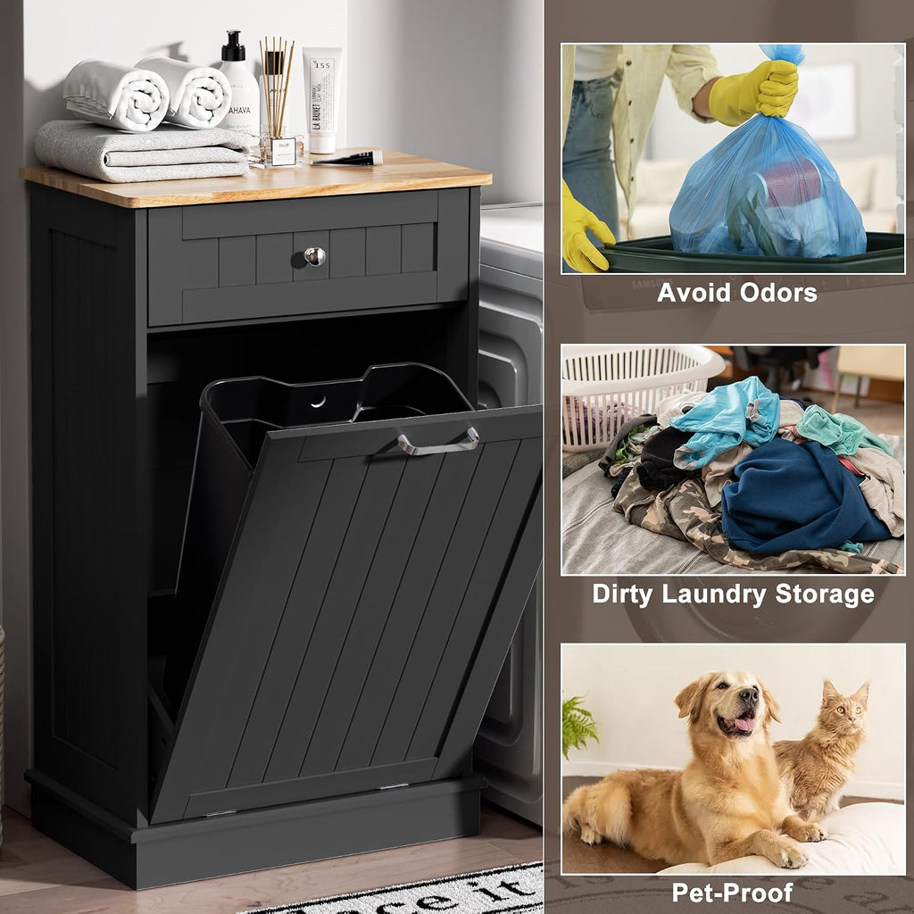 13 Gallons Tilt Out Trash Cabinet Freestanding Kitchen Hidden Trash Bin Cabinet with Hideaway Drawer Pet Proof Trash Can Holder for Kitchen Living Room, Black