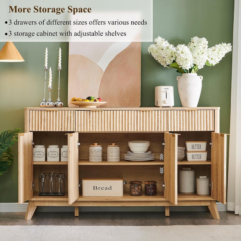OKD Fluted Storage Cabinet with Drawers, 60' Morden Buffet Sideboard Coffee Bar Cabinet with 4 Doors and 3 Drawers for Dining Room, Living Room,Hallway (Natural Oak)