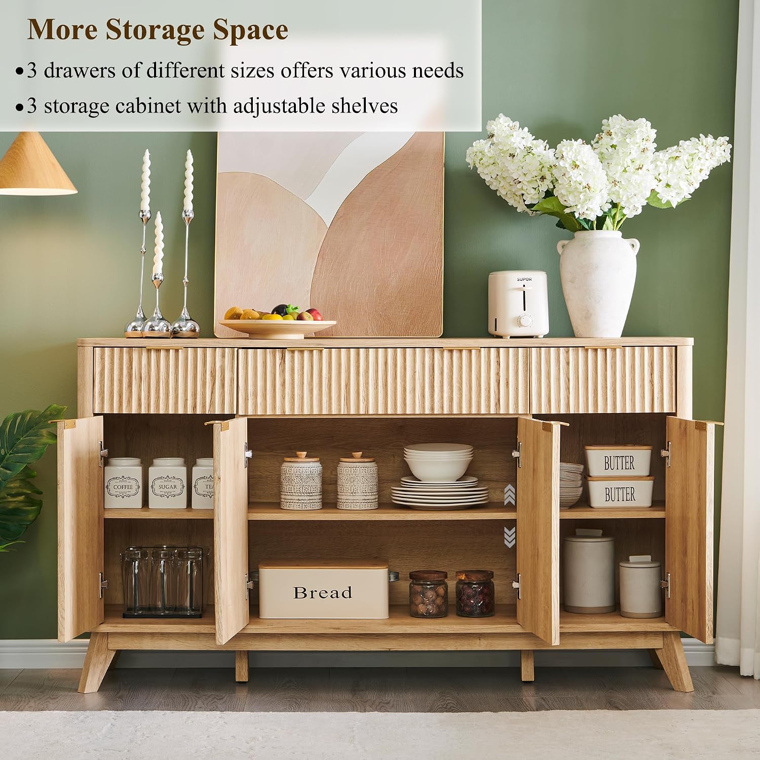 OKD Fluted Storage Cabinet with Drawers, 60' Morden Buffet Sideboard Coffee Bar Cabinet with 4 Doors and 3 Drawers for Dining Room, Living Room,Hallway (Natural Oak)