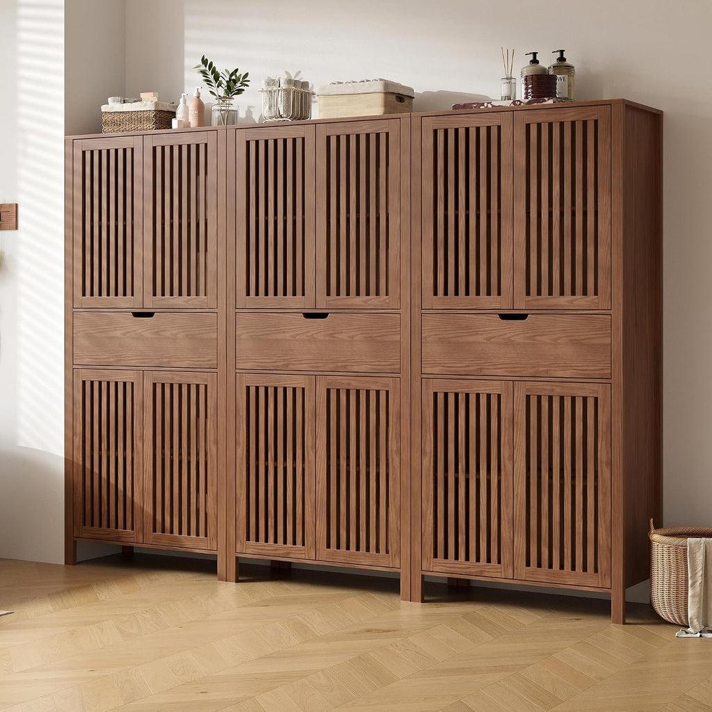 BVIUNTWO Set of 3 Rustic Brown 69' Tall Farmhouse Storage Cabinet with Drawer & Adjustable Shelves, Grille Door Organizer Unit, Anti-Tip Design for Bathroom,Kitchen,Living Room