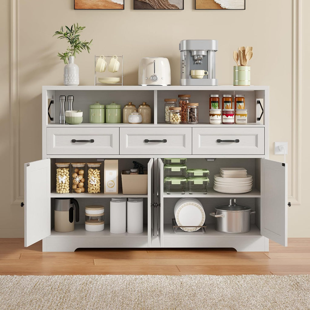 Ahomly 51' Buffet Cabinet with Adjustable Storage, Charging Port - 3 Drawers & 4 Doors Large Sideboard, Multi - Scene Coffee Bar/Microwave Stand for Kitchen,Living Room,Entryway（White）