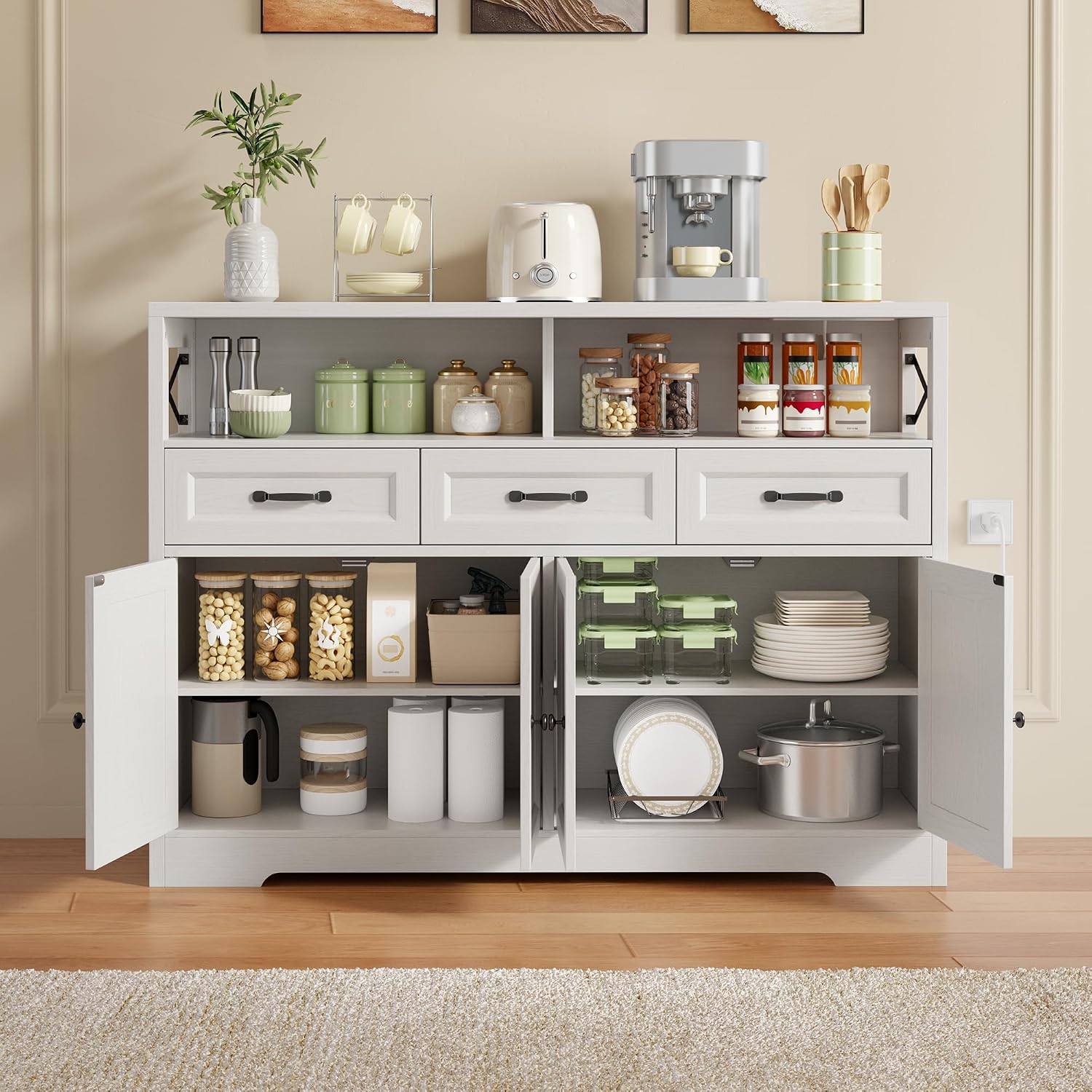 Ahomly 51' Buffet Cabinet with Adjustable Storage, Charging Port - 3 Drawers & 4 Doors Large Sideboard, Multi - Scene Coffee Bar/Microwave Stand for Kitchen,Living Room,Entryway（White）