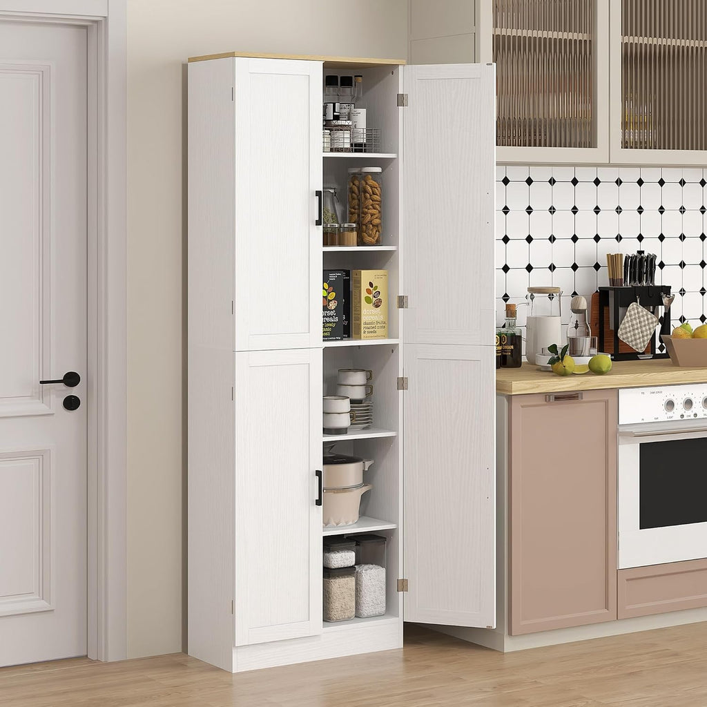 HOMCOM 67' Freestanding Kitchen Pantry, 4-Door Storage Cabinet Organizer with Adjustable Shelves, Kitchen Cabinet with Doors and Shelves, Distressed White