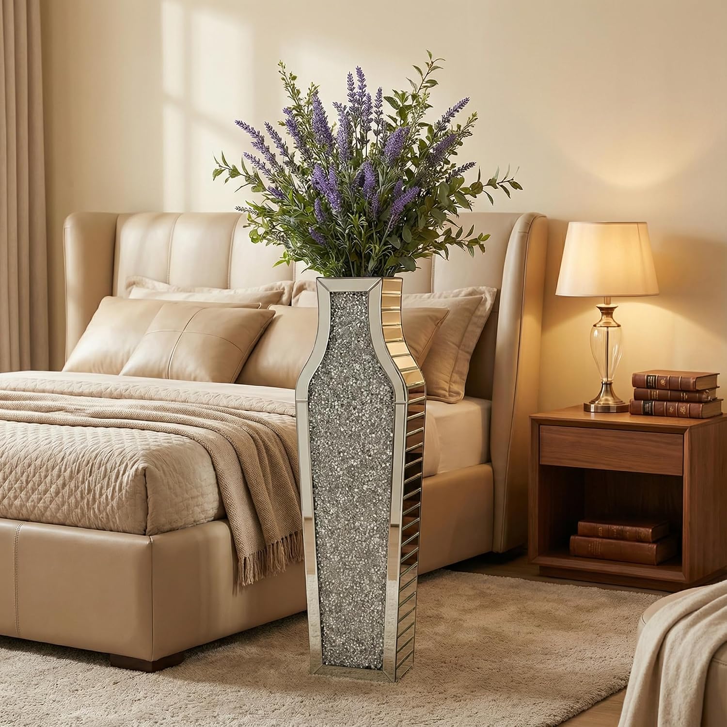 30' Large Double Sided Crushed Diamond Floor Vases,Tall Silver Mirrored Crystal Vase for Floor,Big Floor Vases Decorative Tall for Home,Office,Hotel(Silver,8.6' L x 5.3' W x 30' H)
