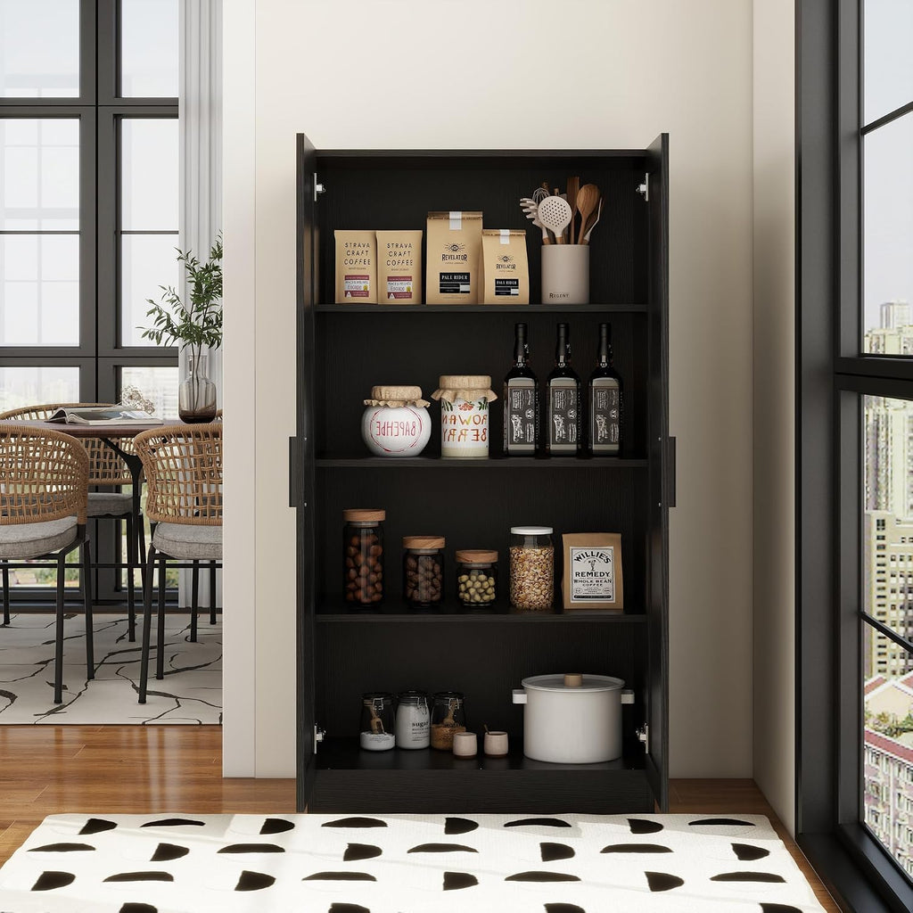 Wooden Storage Cabinet, Collection Food Pantry Narrow Cabinet Free Standing with 2 Doors and 3 Shelves Tool Cabinet, for Kitchens, Living Room, Utility Rooms (Black)