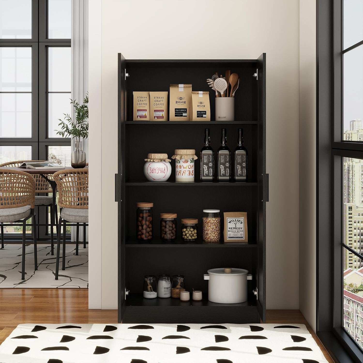 Wooden Storage Cabinet, Collection Food Pantry Narrow Cabinet Free Standing with 2 Doors and 3 Shelves Tool Cabinet, for Kitchens, Living Room, Utility Rooms (Black)