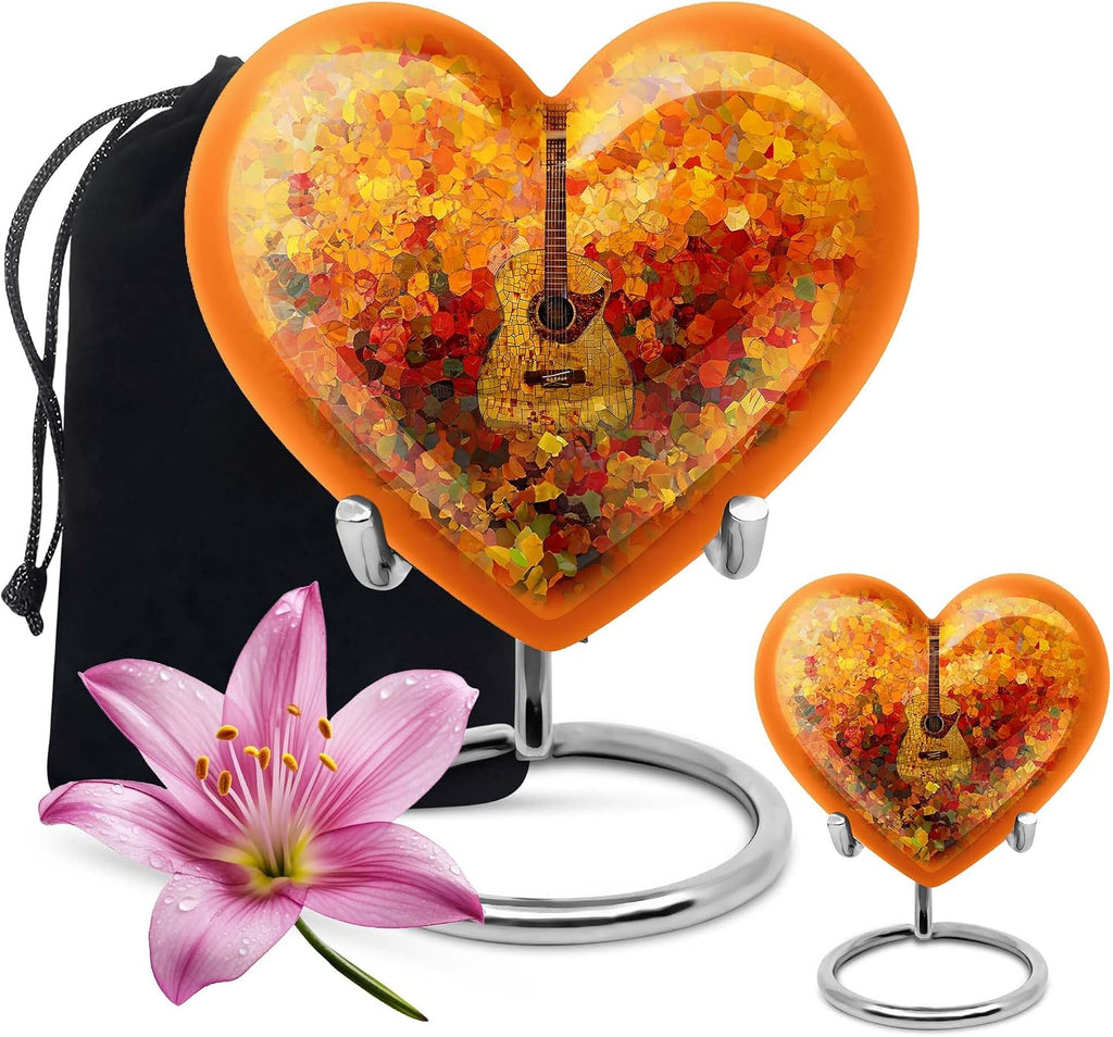 Guitar Urn - Heart Urns - Cremation Boxes for Human Ashes - Human Urns for Ashes Dad - Unique Urn for Ashes for Women - Urns for Ash Male - Burial Urn for Women Ashes (1pcs 8Inch+1pcs 3inch Combo)
