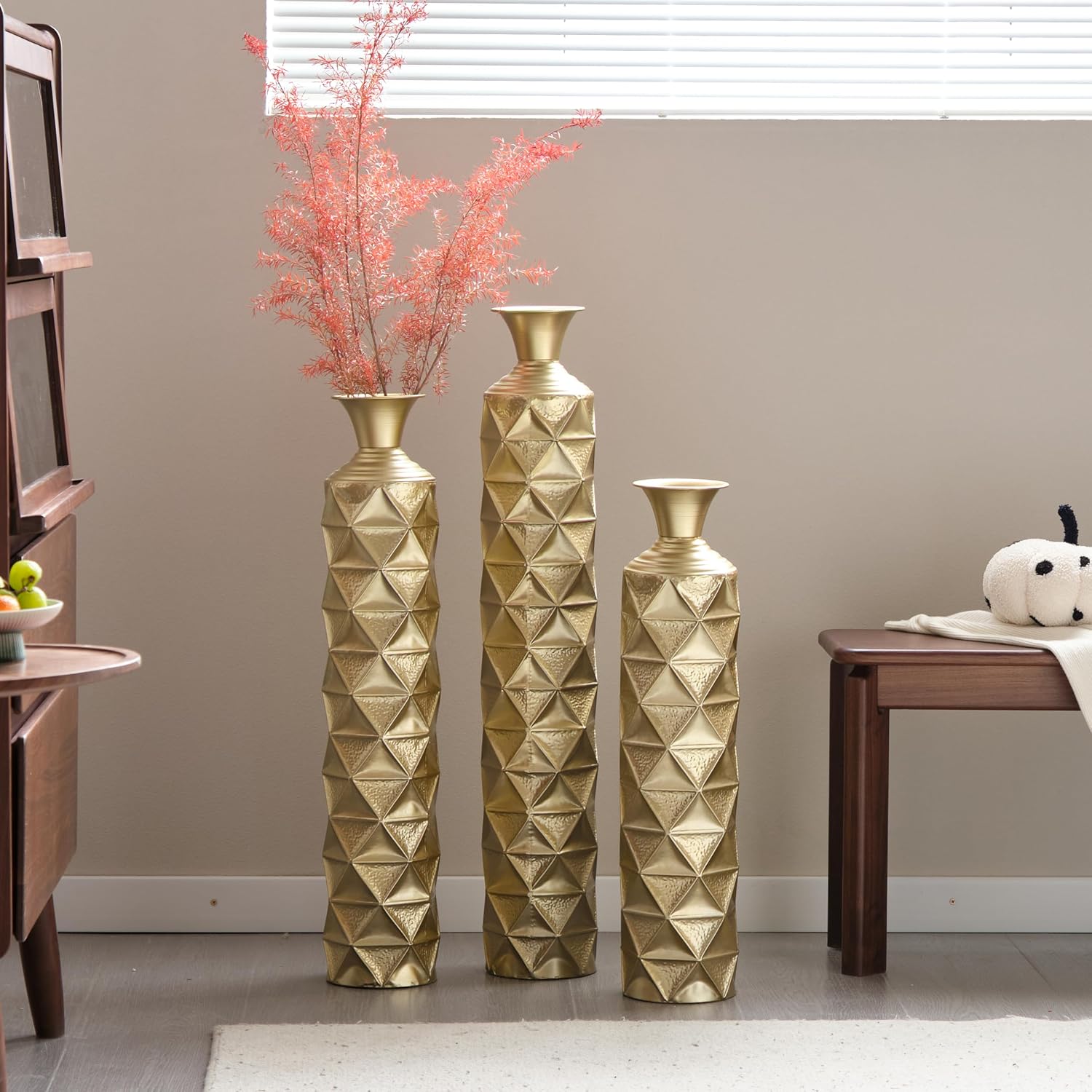 Floor Vases Decorative Tall - 33.5/29.5/25.2in Metal Extra Large Decorative Vase Set of 3, Semi-Handmade Gold-Plated Tall Floor Vase for Home Decor, Living Room Entryway Decor Dining Bedroom