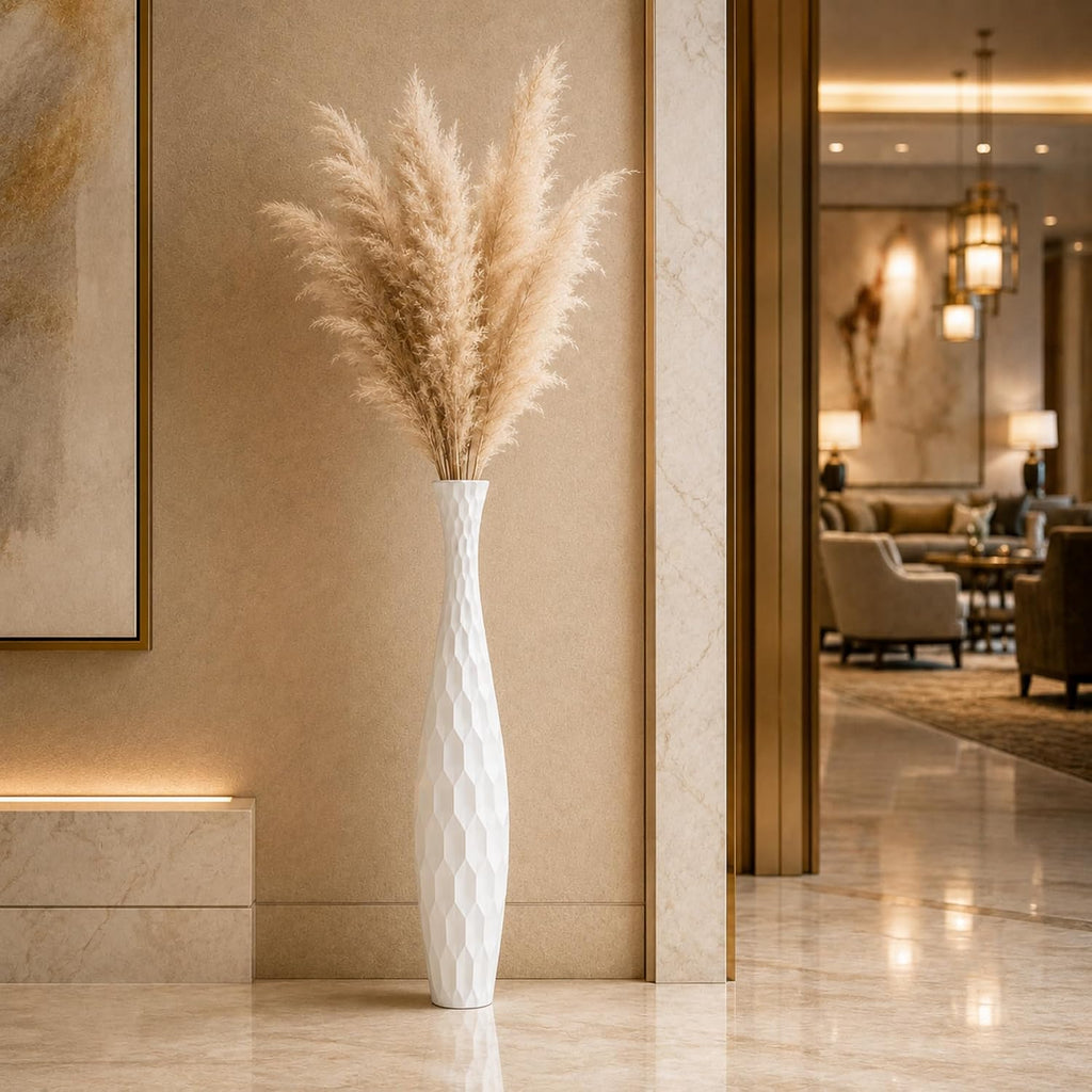 Leewadee Large White Home Decor Floor Vase - Wooden 34 inch Tall Farmhouse Decor Flower Holder for Fake Plant and Pampas Grass