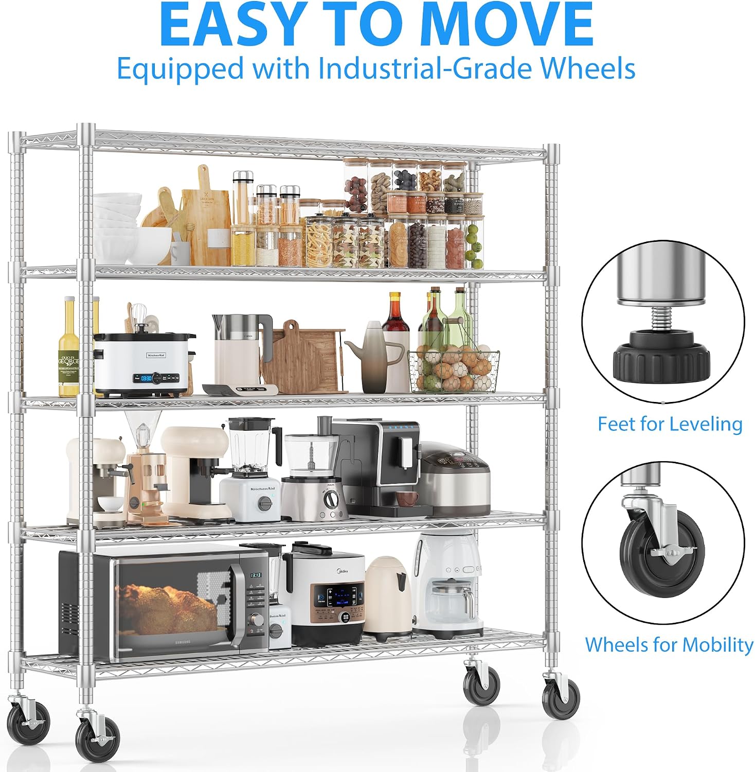 Homdox 5 Tier Heavy Duty Metal Wire Shelving with Wheels, 3000 lbs Capacity Garage Storage Rack, Rolling Industrial Storage, Adjustable Commercial Shelves for Kitchen, Warehouse, 18'x60'x82', Chrome