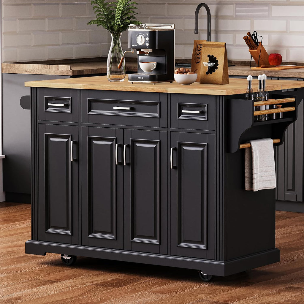 54' Rolling Storage Kitchen Island Cart on 4 Wheels with Drop Leaf, Embossed Texture, 4 Doors and 3 Drawers for Kitchen, Dining Room, Black, Rubber Wood Top