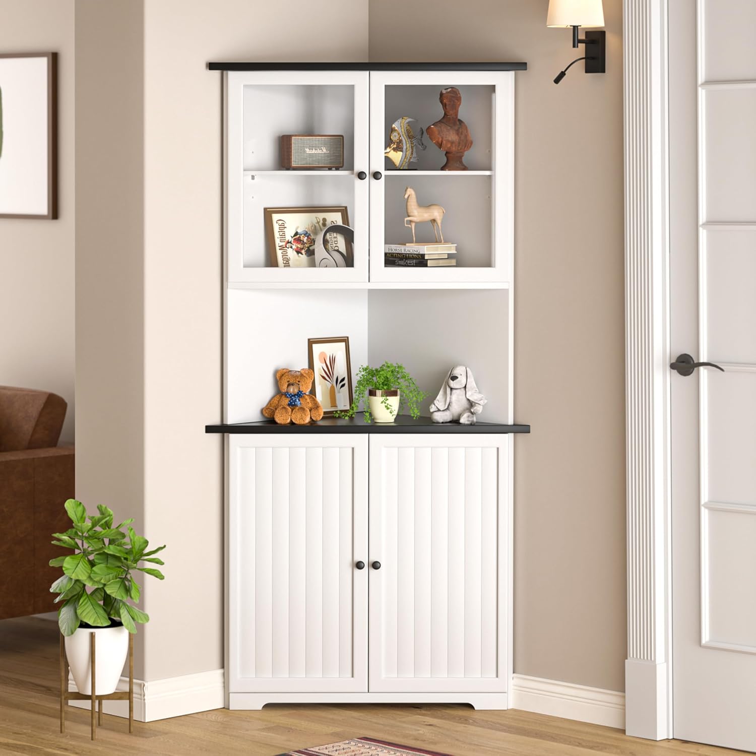 Yardenaler 71'' Tall Corner Cabinet, Freestanding Corner Storage Hutch with Doors and Shelves for Living Room, Bathroom, Kitchen, White