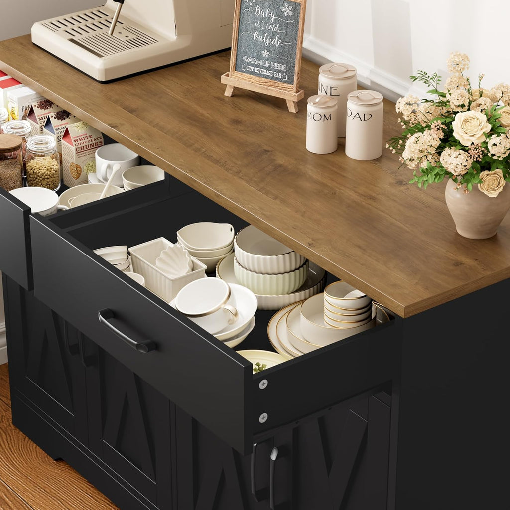 HOSTACK Buffet Cabinet with Storage, 47.2' Kitchen Sideboard Buffet with Drawers, Modern Farmhouse Coffee Bar Station with Shelves, Barn Doors Storage Cabinet for Living Room, Black/Rustic Brown