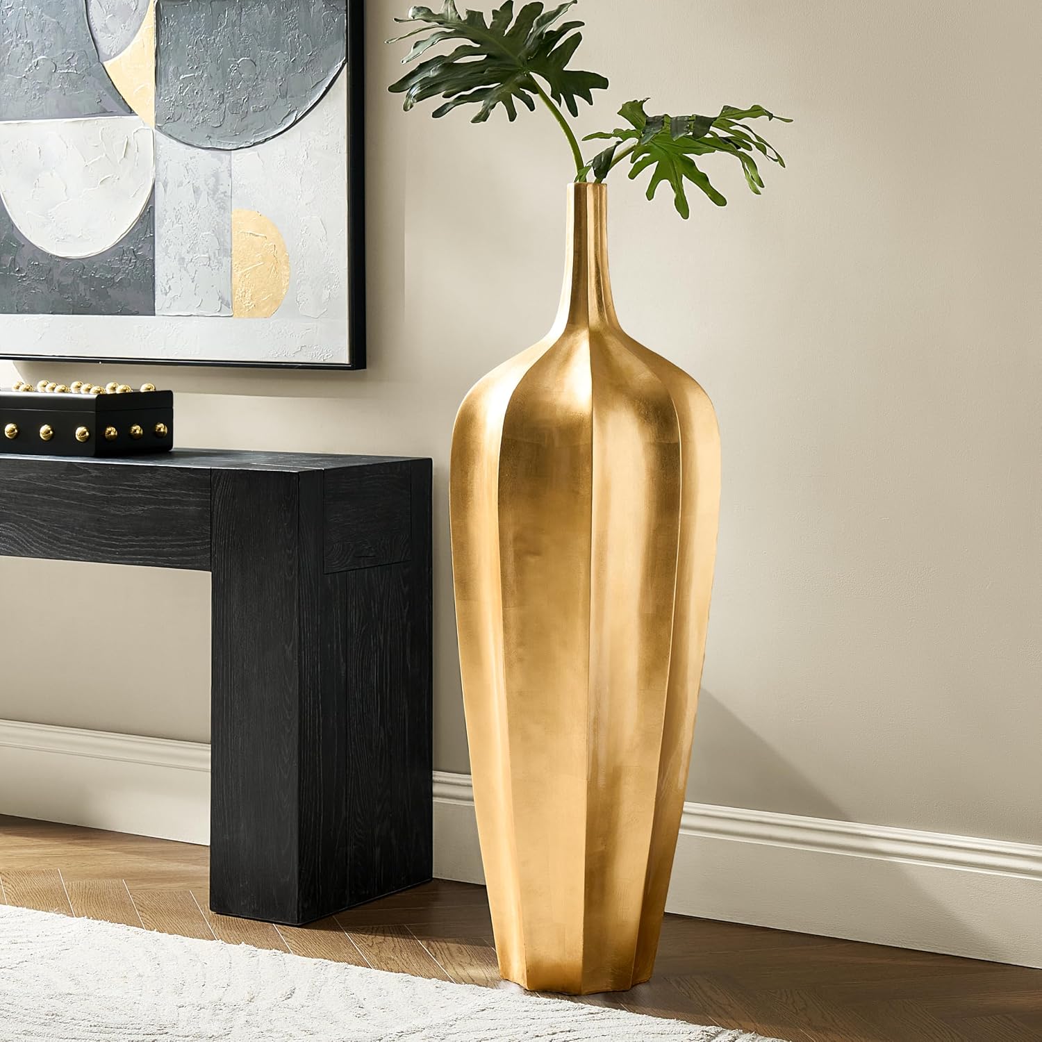 Z Gallerie 48' Accolade Floor Vase, Elegant Fluted Gold Metallic Large Fiberglass Decorative Vase for Home, Office