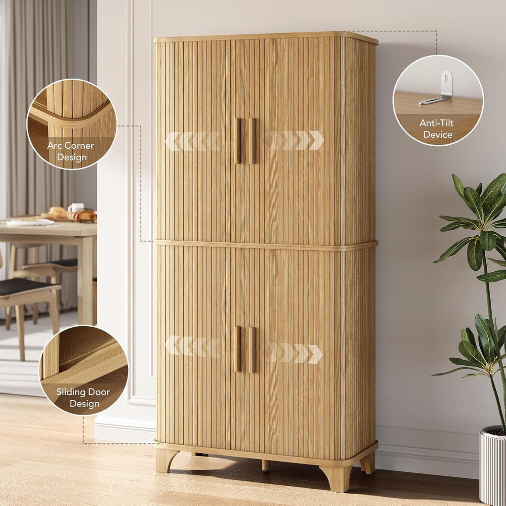 Decofy 69' Tall Kitchen Pantry Storage Cabinet with Sliding Door, Modern Curved Edge Pantry Storage Cabinet with 5 Shelves, Cupboard for the Kitchen, Dining Room, Bedroom, Living Room, Office (Oak)