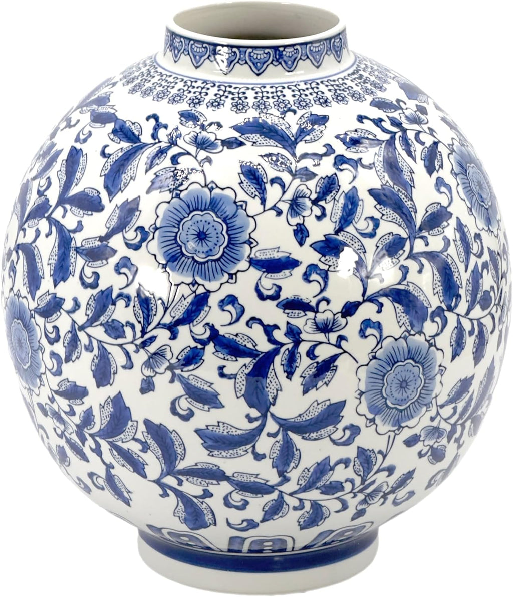 Galt International Blue & White Ceramic Floral Chinoiserie Globe Vase 12' Dia. - Round Bulb Shape Flower Vase Jar Classic Antique Home Decor