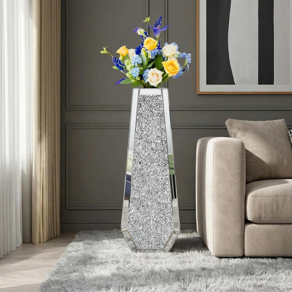 30' Large Double Sided Crushed Diamond Floor Vases,Tall Silver Mirrored Crystal Vase for Floor, Floor Vases Decorative Tall for Home,Office,Hotel (Silver,10.6' L x 5.3' W x 30' H)