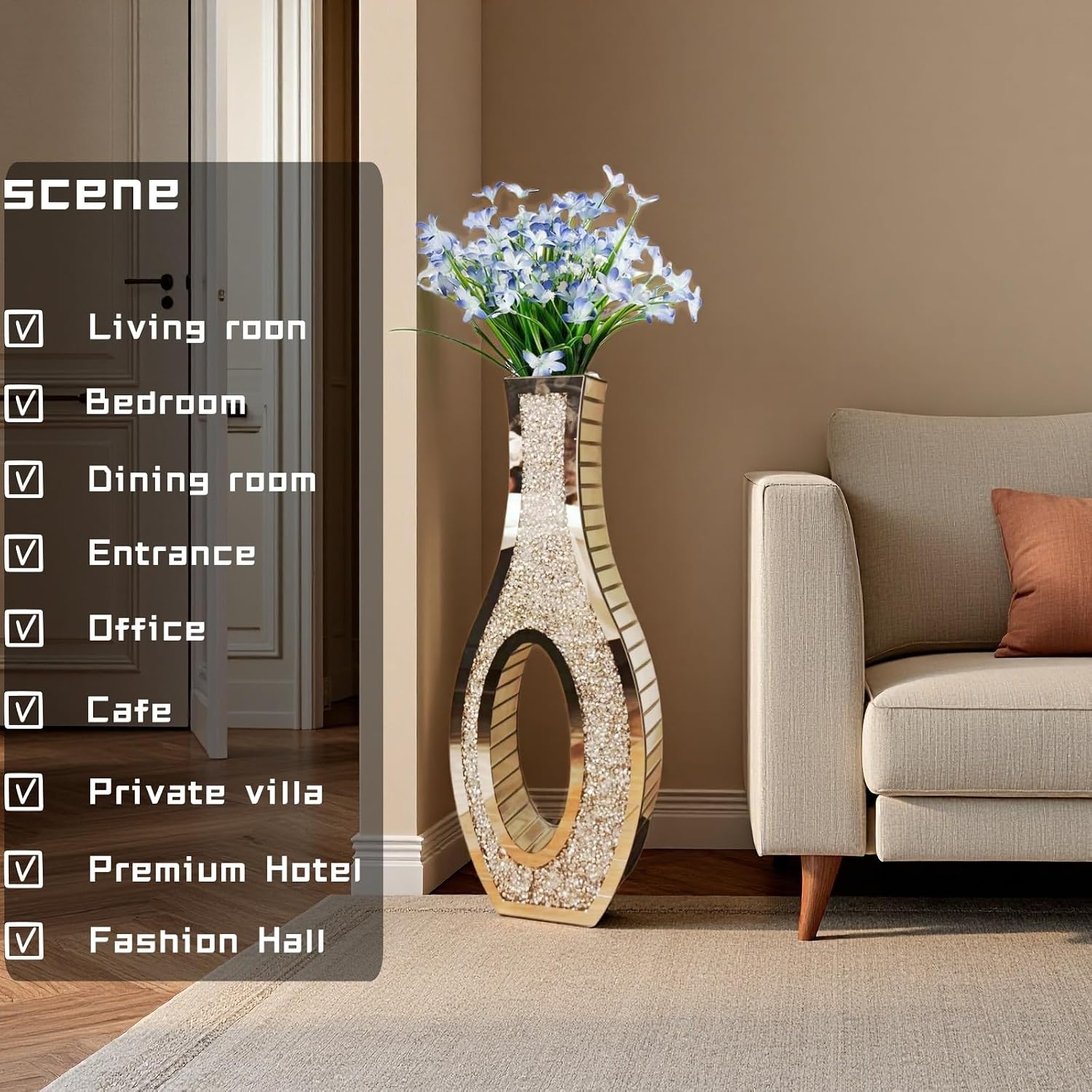 30' Tall Double Sided Crushed Diamond Floor Vases, Large Hollow Out Dustproof Vase for Living Room, Floor Vases Decorative Tall for Home,Office,Hotel(11.8' L x 5.37' W x 30' H)