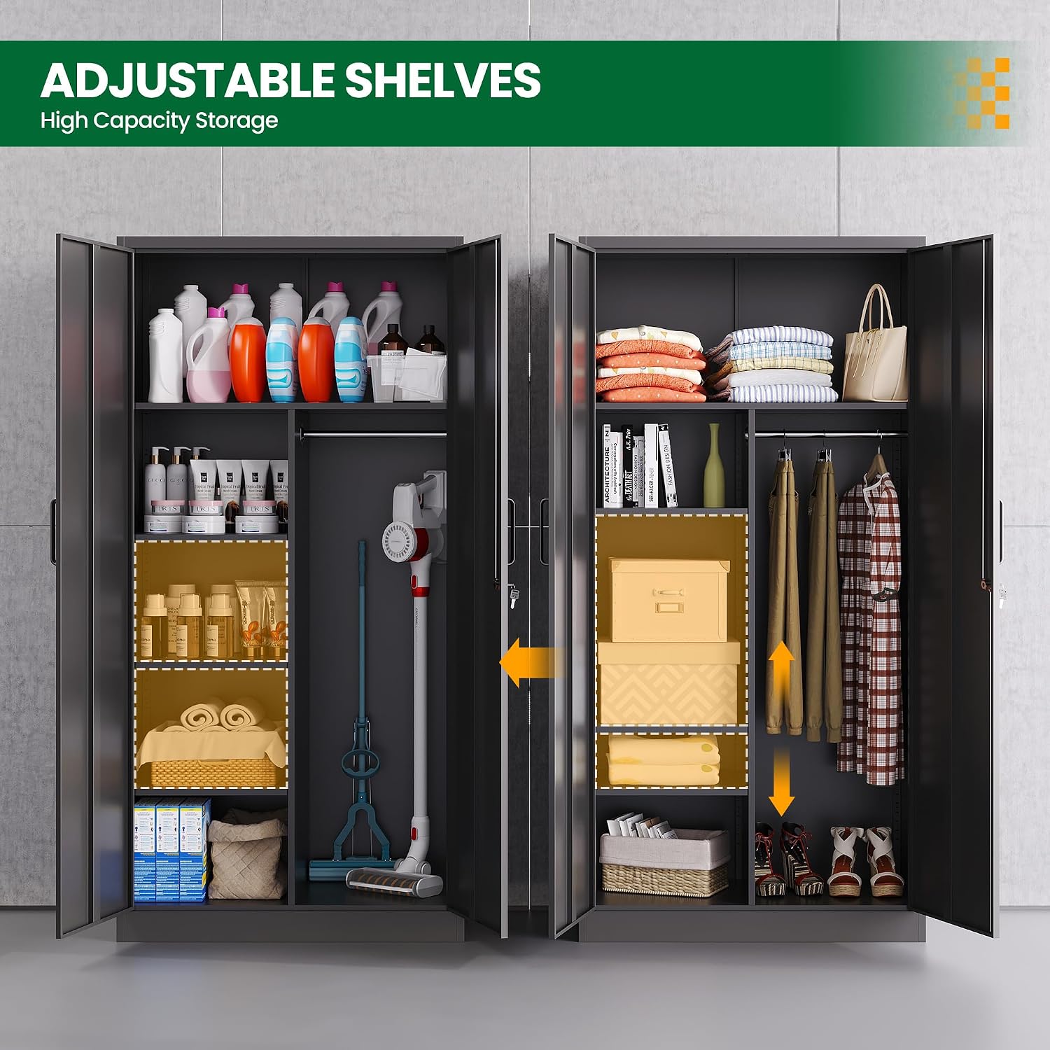Broom Closet with Lock, Metal Storage Cabinet 36' Wide, 5-Tier Steel Utility Cabinet with Hanging Rod & Doors for Garage, Laundry Room, Warehouse Storage
