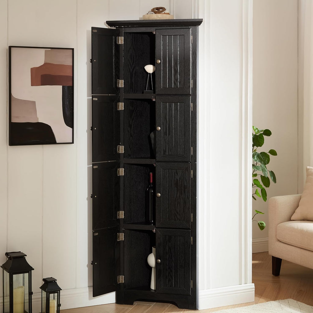 72' Corner Design Freestanding Storage Cabinet, Kitchen Storage Bakers Rack with Sleek Metal Handles, Utility Food Cupboard with 4-Tier Shelves for Kitchen, Bathroom, Living Room, Black