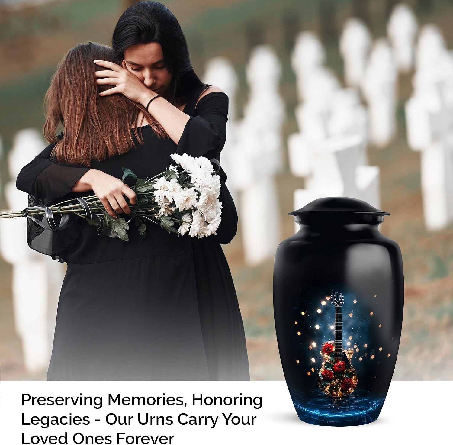 Guitar Urn - Unique Urns - Decorative Memorial - Small Cremation Urns for Human Ashes - Mom & Dad Urn - Hand Engraved - Combo of 10 Inch & 3 Inch