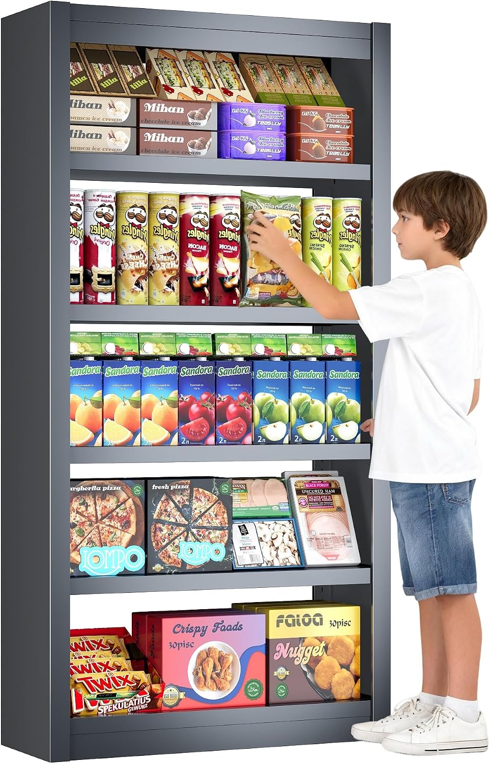 Metal Snack Organizer, 61' H Candy Display Rack with 4 Adjustable Shelves, 800LB Capacity Heavy Duty Snack Rack Display Stand for Pantry, Office, Living Room