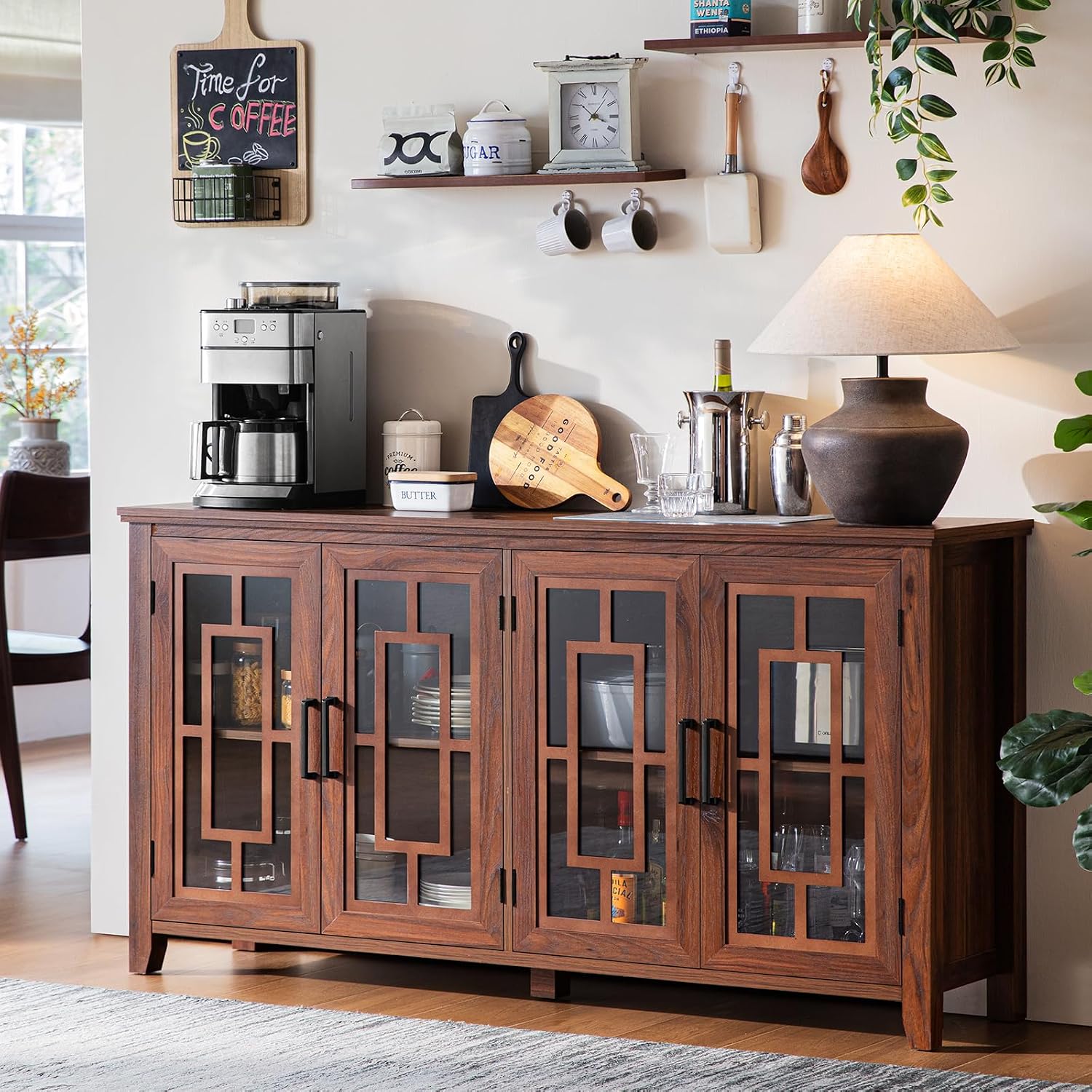 Joaxswe Large Sideboard Buffet Cabinet with Storage, 63' Farmhouse Credenza with 4 Glass Doors, Adjustable Shelves Console Table, Wood Kitchen Coffee Bar for Dining Room, Living Room, Brown