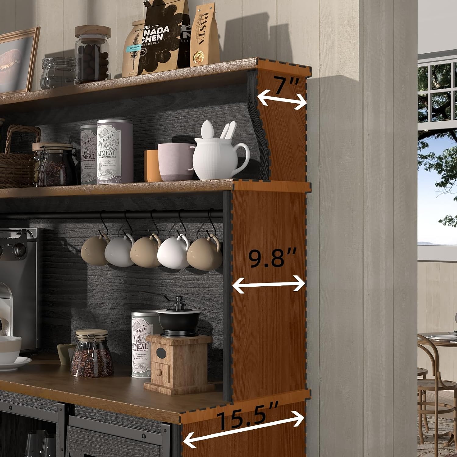 BestHaped Farmhouse Coffee Bar Cabinet with 3 Tier Storage Hutch, 47'' Coffee Bar Station with Sliding Barn Door, Hutch Storage Cabinet with 9 Wine Racks & 9 Hooks for Kitchen Dining Living Room
