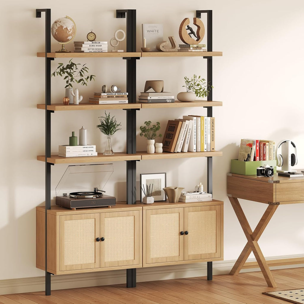 Airynee Ladder Bookshelf, 4 Tier Book Shelf with Rattan Cabinet, Wall Mount Bookshelves and Bookcases with Metal Frame, Anti Dump, Tall Bookcase for Living Room, Home Office, Bedroom Oak 2pcs