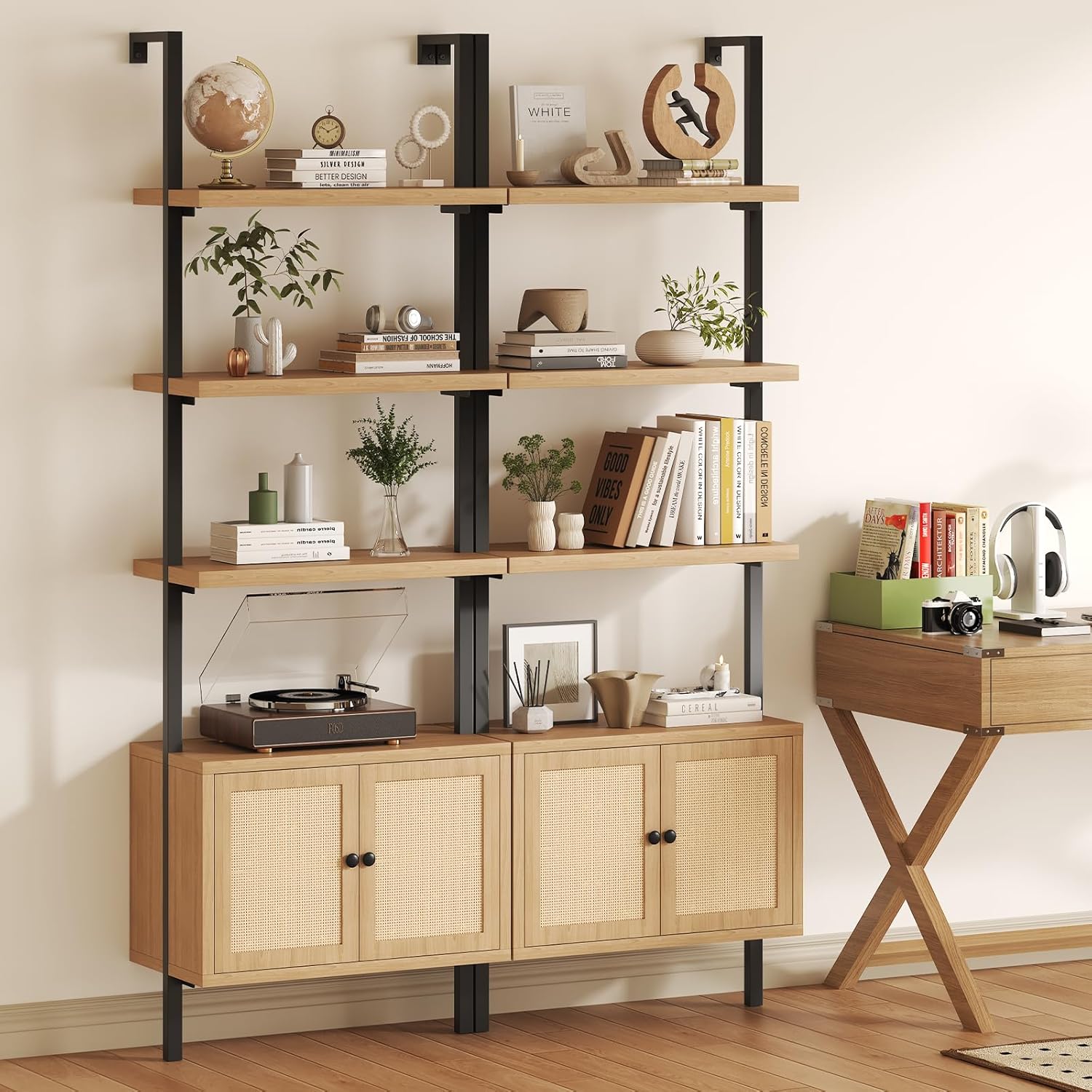 Airynee Ladder Bookshelf, 4 Tier Book Shelf with Rattan Cabinet, Wall Mount Bookshelves and Bookcases with Metal Frame, Anti Dump, Tall Bookcase for Living Room, Home Office, Bedroom Oak 2pcs