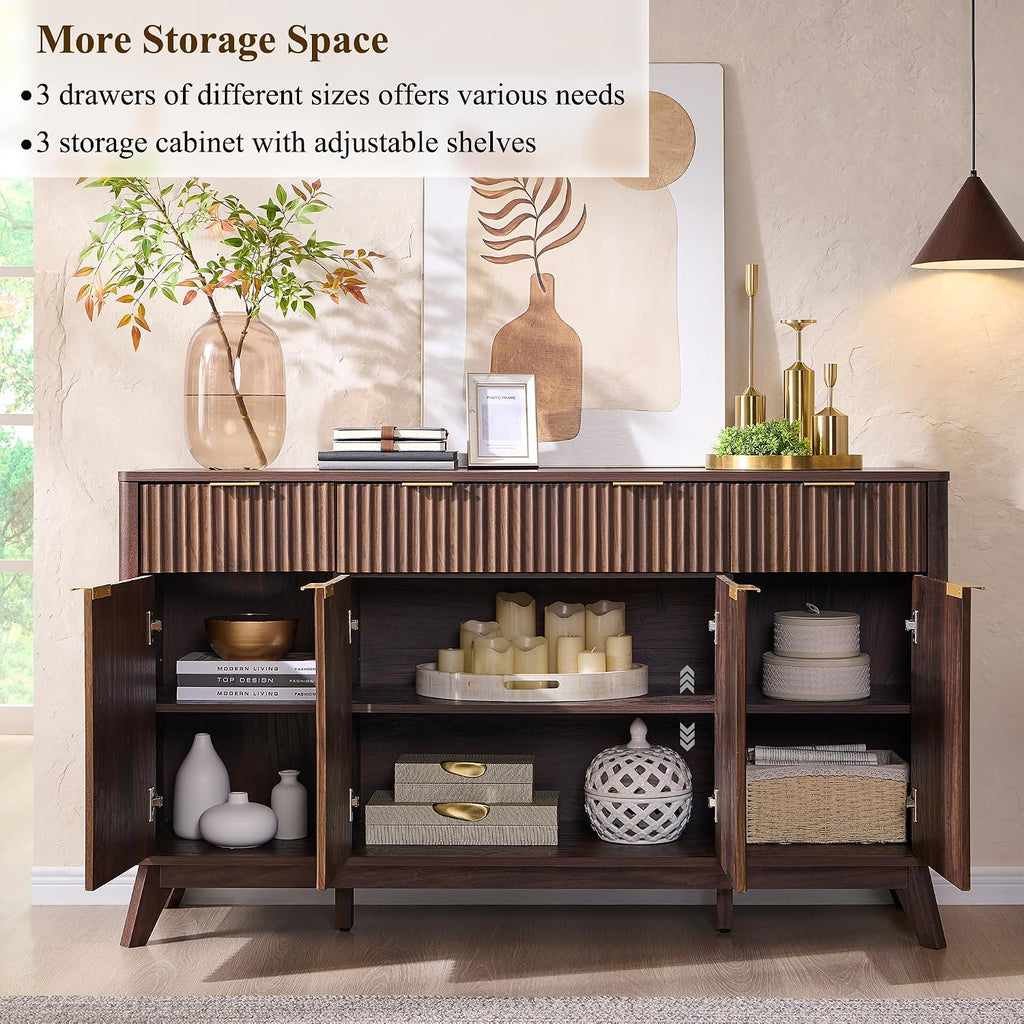 OKD Fluted Storage Cabinet with Drawers, 60' Morden Buffet Sideboard Coffee Bar Cabinet with 4 Doors and 3 Drawers for Dining Room, Living Room,Hallway (Dark Walnut)