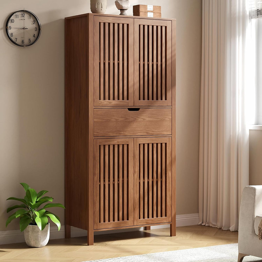 BVIUNTWO 69' Tall Farmhouse Storage Cabinet with Drawer & Adjustable Shelves, Grille Door Organizer Unit, Anti-Tip Design for Bathroom, Kitchen, Living Room, Rustic Brown