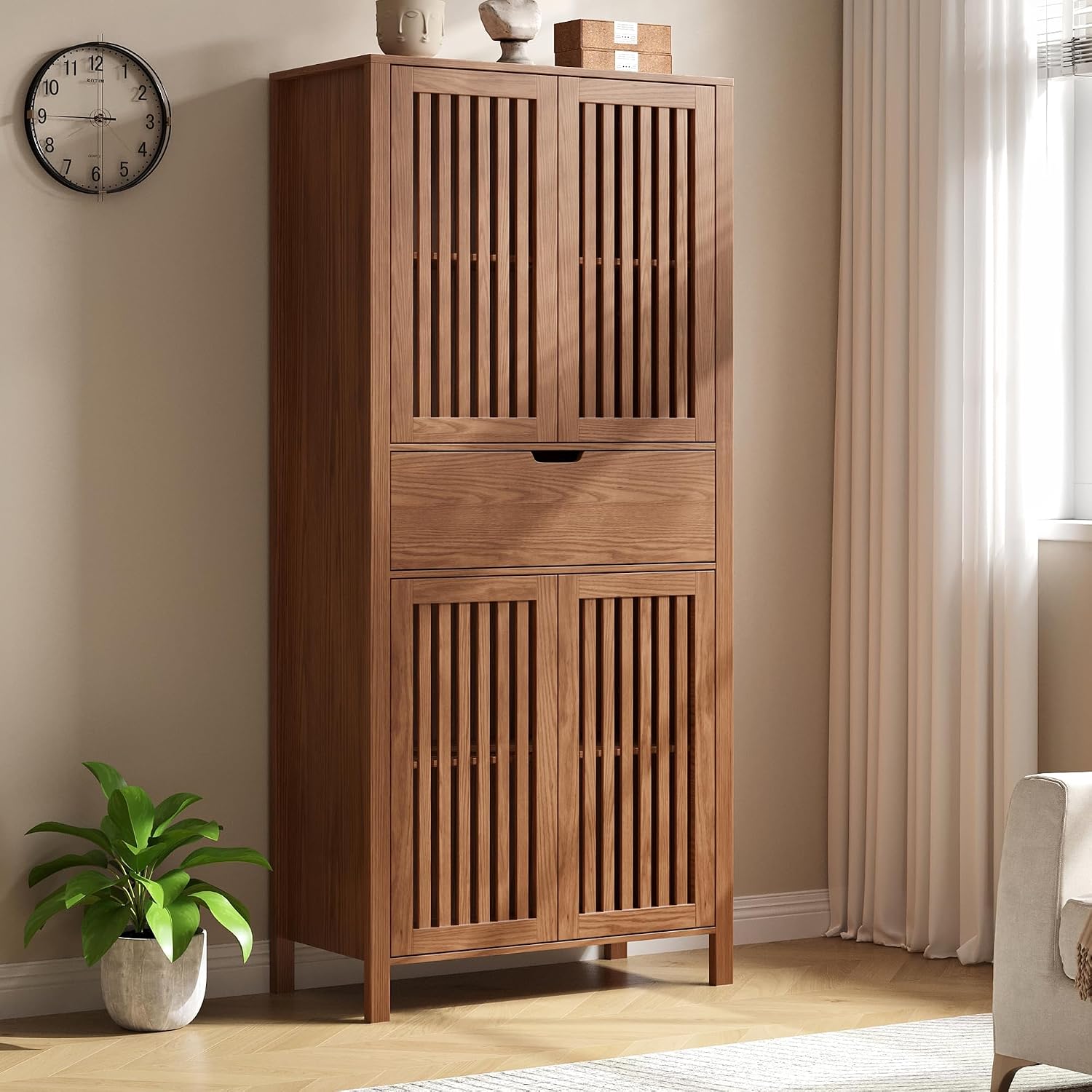 BVIUNTWO 69' Tall Farmhouse Storage Cabinet with Drawer & Adjustable Shelves, Grille Door Organizer Unit, Anti-Tip Design for Bathroom, Kitchen, Living Room, Rustic Brown