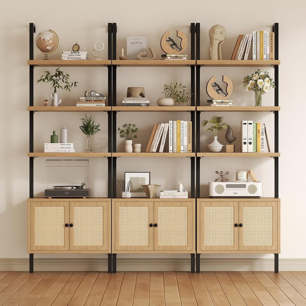 Airynee Ladder Bookshelf, 4 Tier Book Shelf with Rattan Cabinet, Wall Mount Bookshelves and Bookcases with Metal Frame, Anti Dump, Tall Bookcase for Living Room, Home Office, Bedroom Oak 3pcs