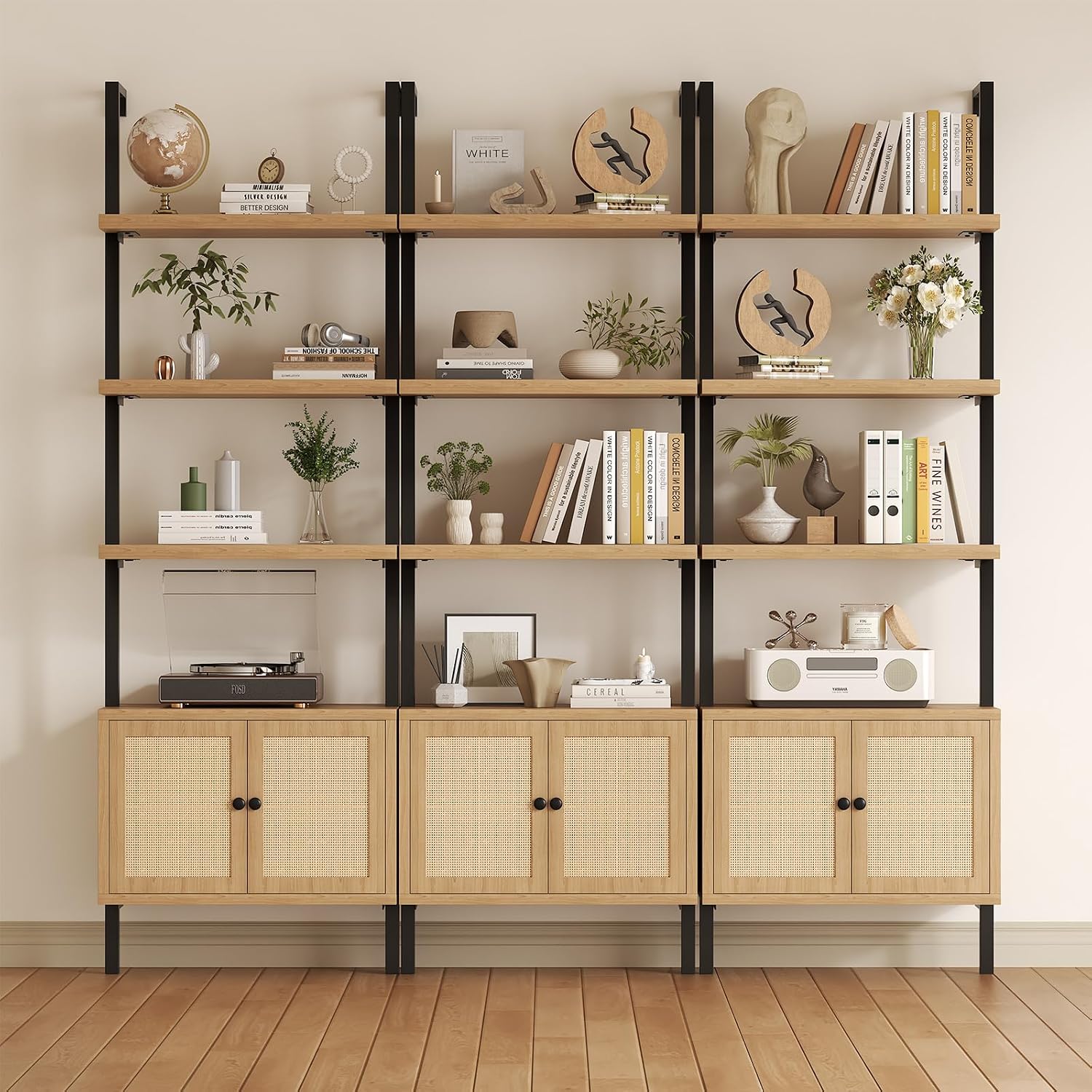 Airynee Ladder Bookshelf, 4 Tier Book Shelf with Rattan Cabinet, Wall Mount Bookshelves and Bookcases with Metal Frame, Anti Dump, Tall Bookcase for Living Room, Home Office, Bedroom Oak 3pcs
